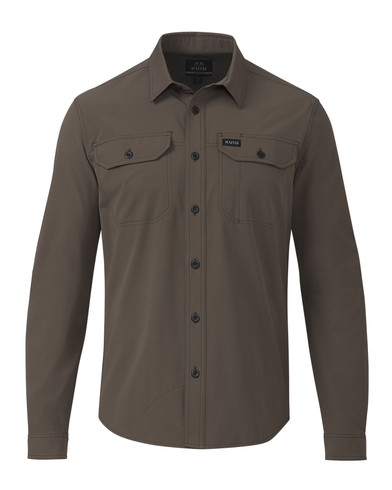 Front of Gauge LS Work Shirt in Rodeo Brown 