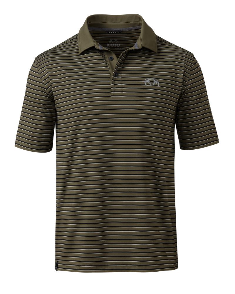 Front of KUIU Performance Polo Stripe in Evergreen Stripe