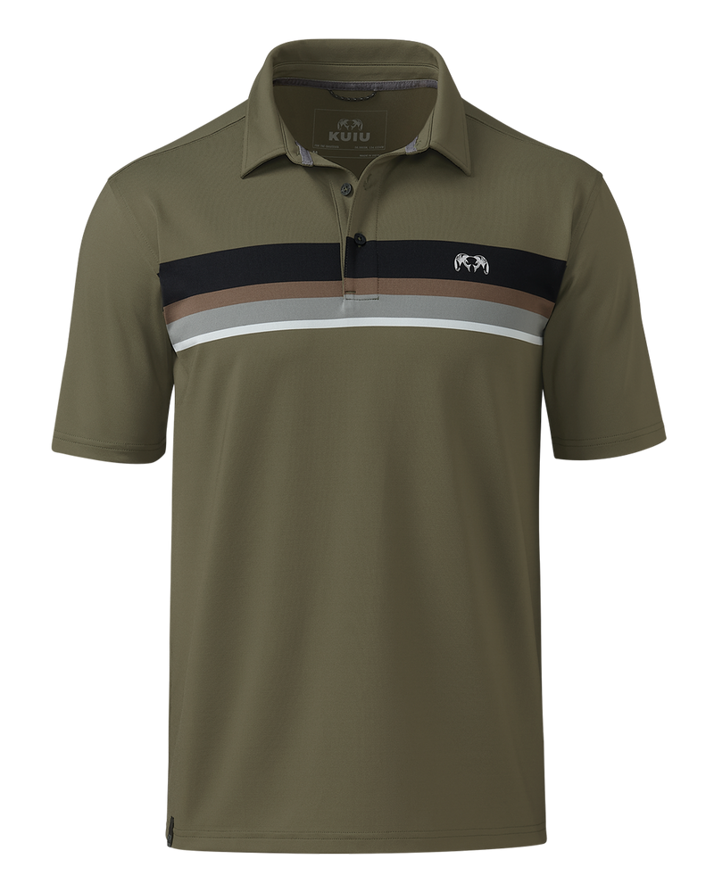Front of KUIU Performance Polo Stripe in Evergreen Chest Stripe
