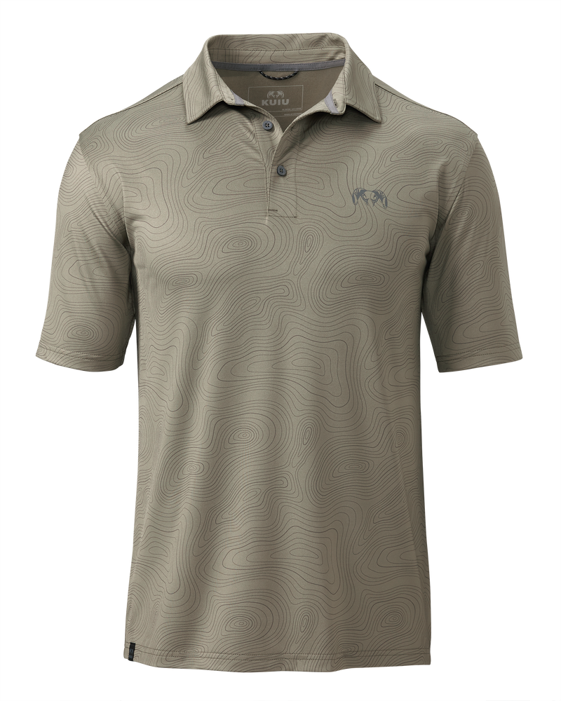 Front of KUIU Performance Polo in Woodsmoke Topo Pattern
