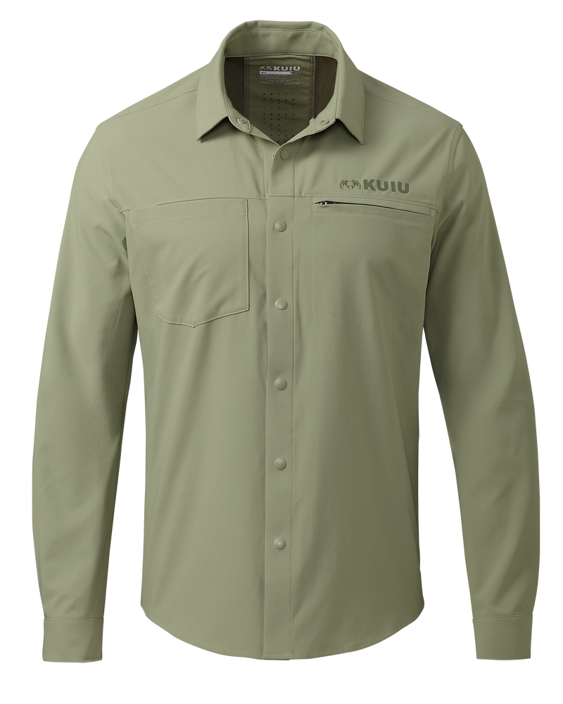 Front of Mesa Vented Long Sleeve Snap Shirt in Buckbrush