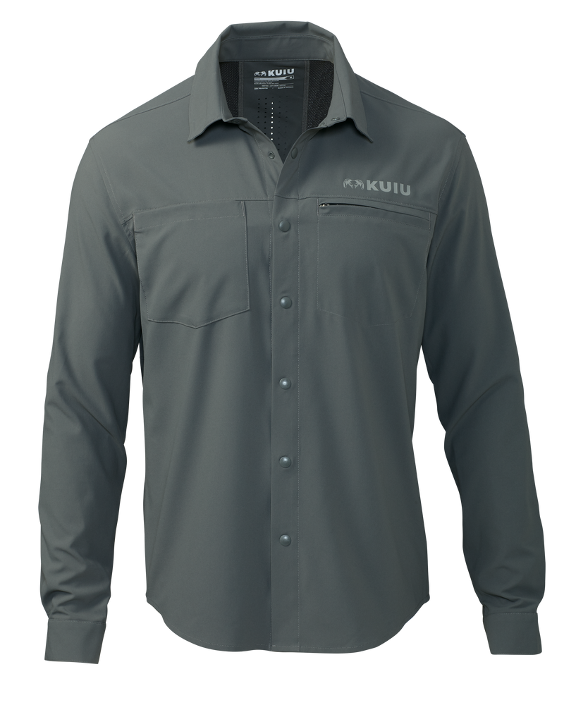 Front of Mesa Vented LS Snap Shirt in Stone Grey