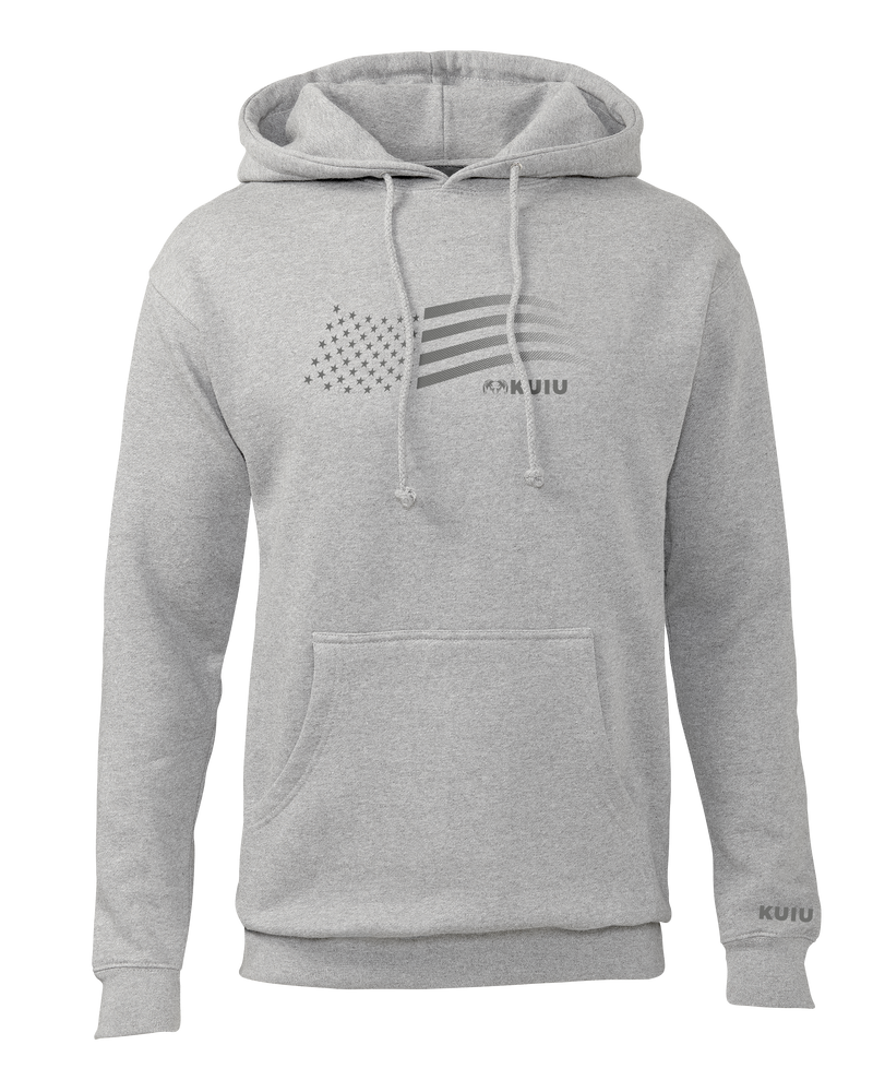 Front of KUIU Flag Hoodie in Heather Grey