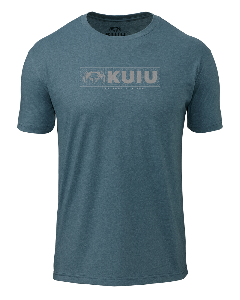 Front of KUIU Topo Block Logo T-Shirt in Indigo Blue