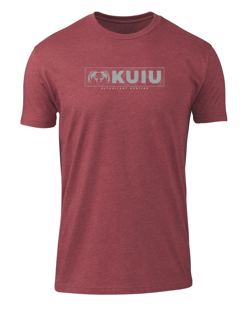 Front of KUIU Topo Block Logo T-Shirt in Cardinal Red