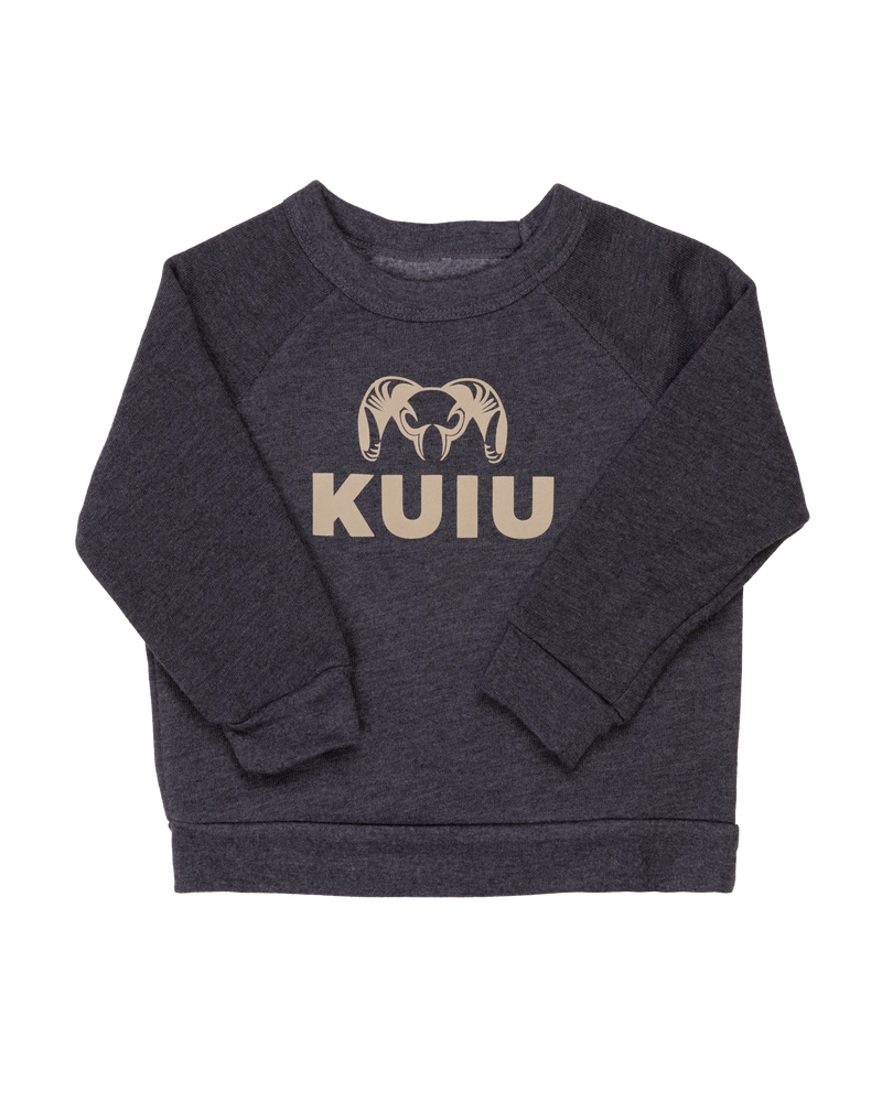 Front of Toddler Stacked Logo Crewneck Sweatshirt in Charcoal Gray with Khaki Color Logo