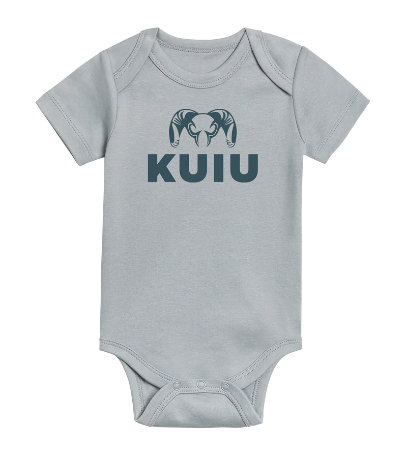 Front of KUIU Stacked Logo Baby One-Piece in Mist Blue