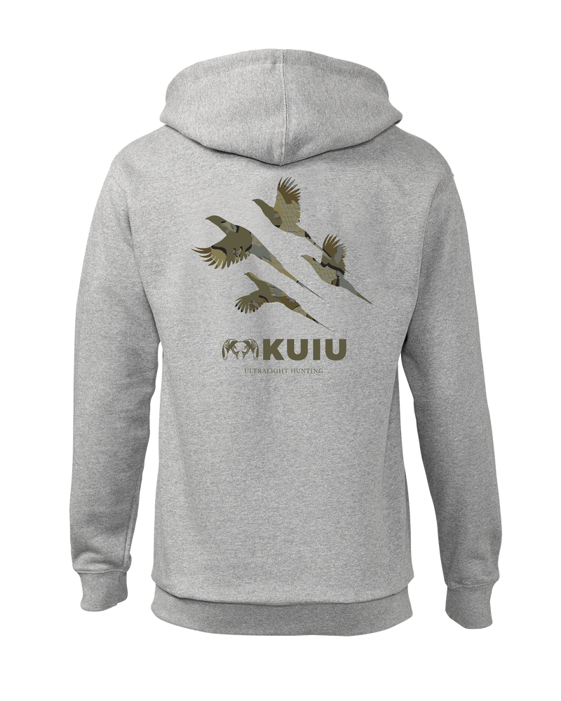 Back of KUIU Valo Upland Hoodie in Heather Grey 