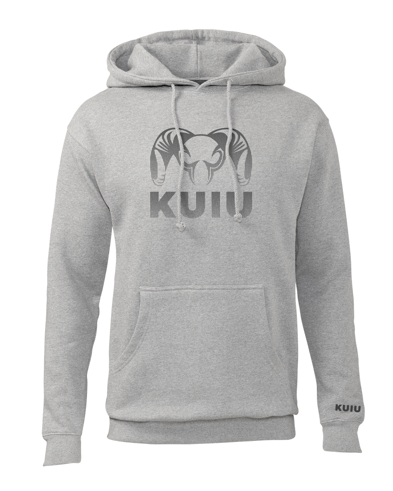 Front of KUIU Ram Fade Hoodie in Heather Grey
