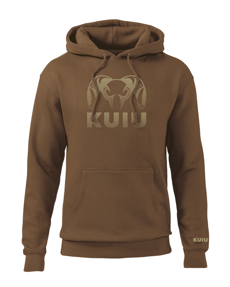 Front of KUIU Ram Fade Hoodie in Saddle Brown