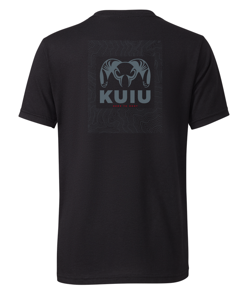 Back of KUIU Youth Topo Back Logo T-Shirt in Black