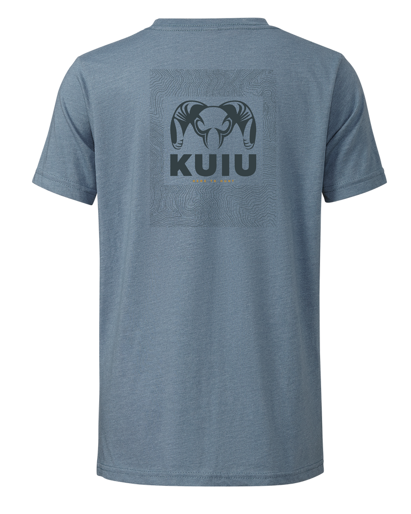 Back of KUIU Youth Topo Back Logo T-Shirt in Heather Slate Blue