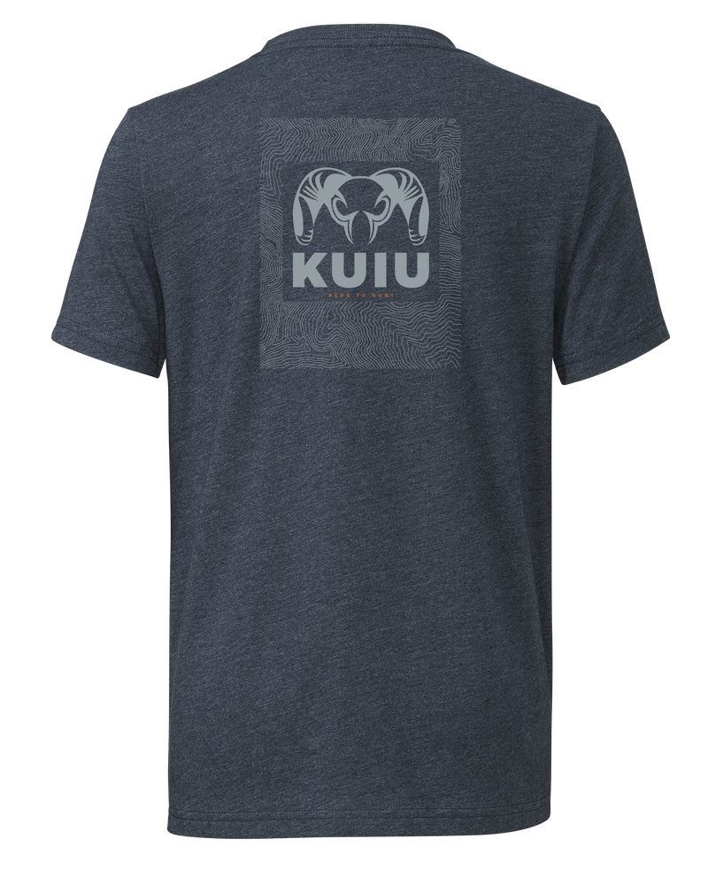 Back of KUIU Youth Topo Back Logo T-Shirt in Midnight Navy Blue