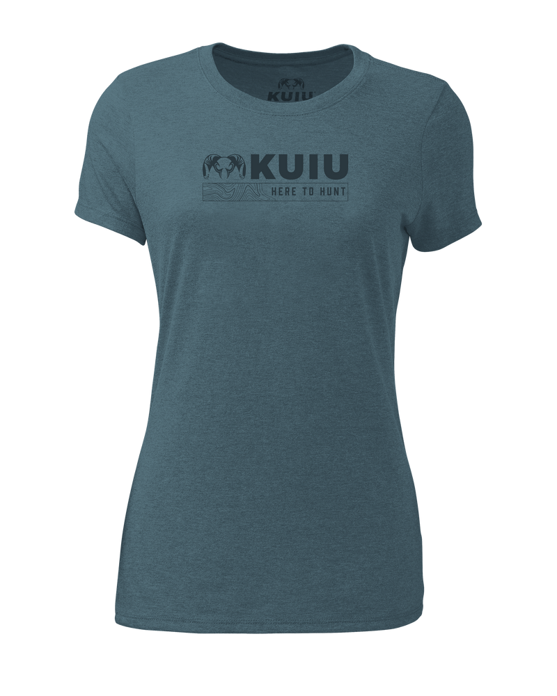 Front of KUIU Women's Topo Here to Hunt T-Shirt in Indigo Blue