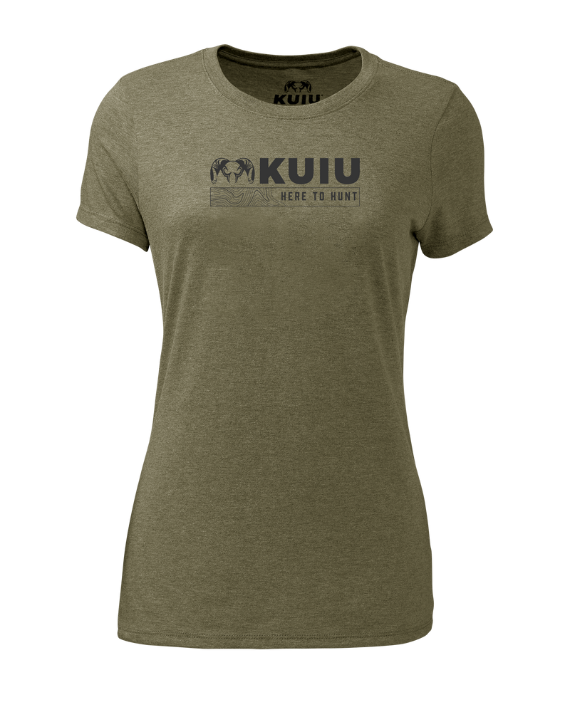 Front of KUIU Women's Topo Here to Hunt T-Shirt in Military Green