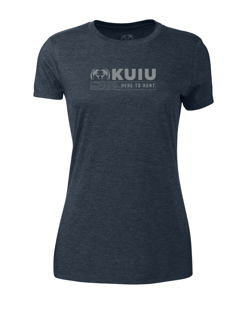 Front of KUIU Women's Topo Here to Hunt T-Shirt in Midnight Navy Blue