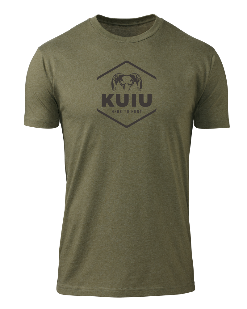 Front of KUIU Stacked Here to Hunt T-Shirt  in Military Green