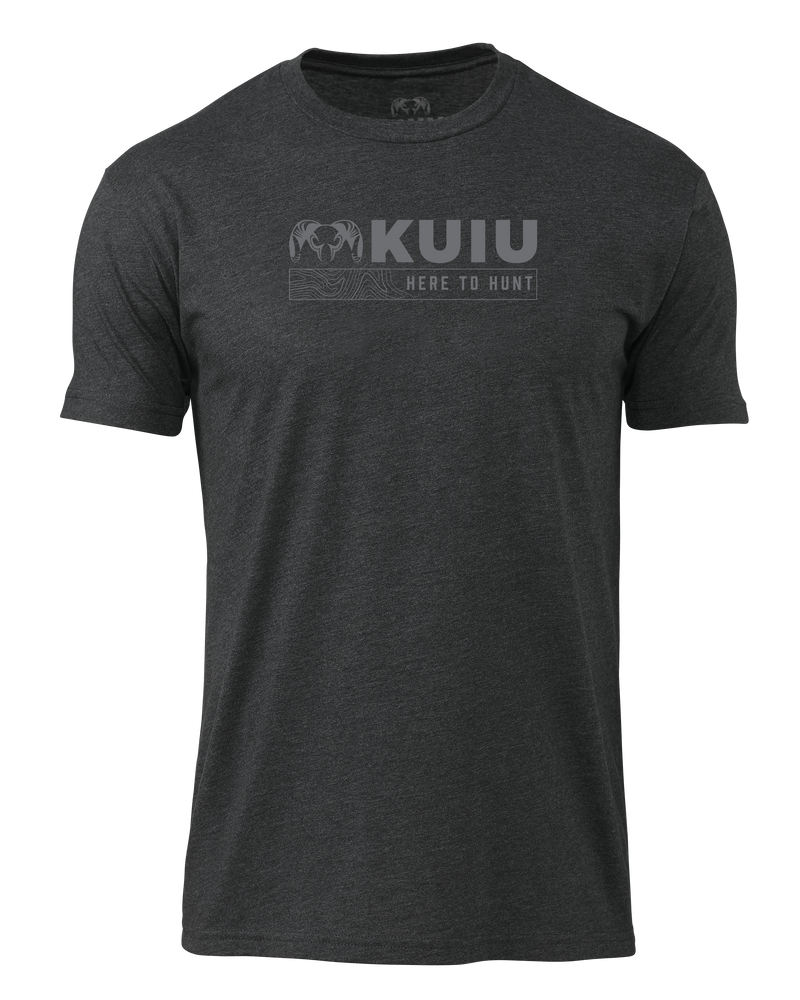 Front of KUIU Topo Here to Hunt T-Shirt in Charcoal Grey