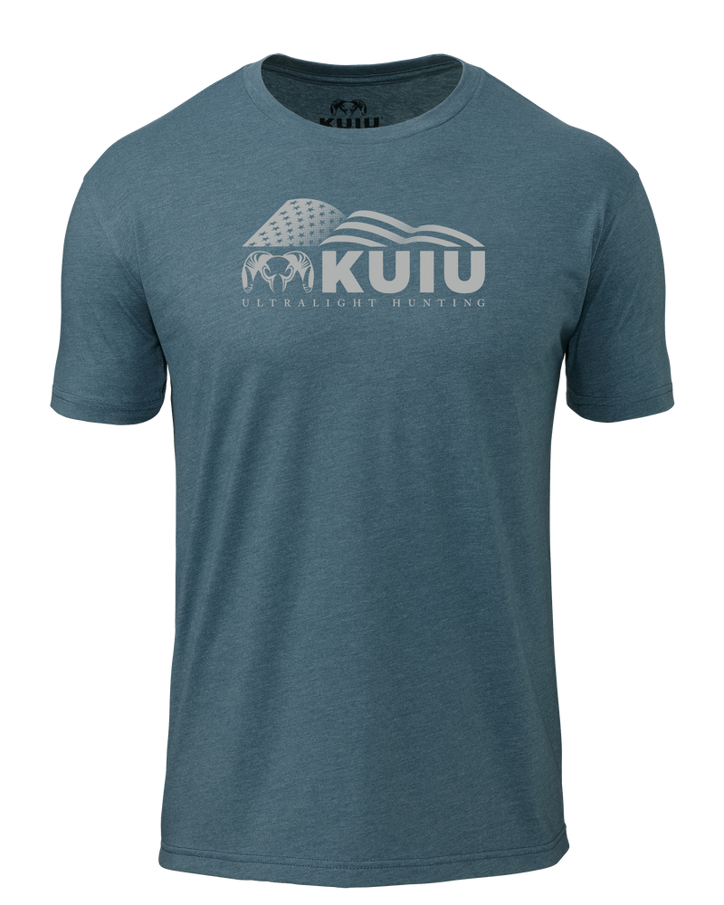 Front of KUIU Flag Block Logo T-Shirt in Indigo Blue