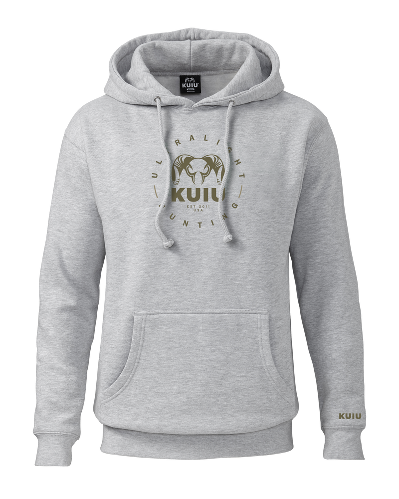 Front of KUIU Ultralight Hunting Circle Hoodie in Heather Grey