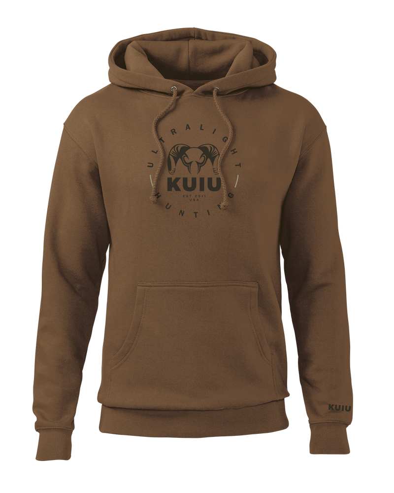 Front of KUIU Ultralight Hunting Circle Hoodie in Saddle Brown