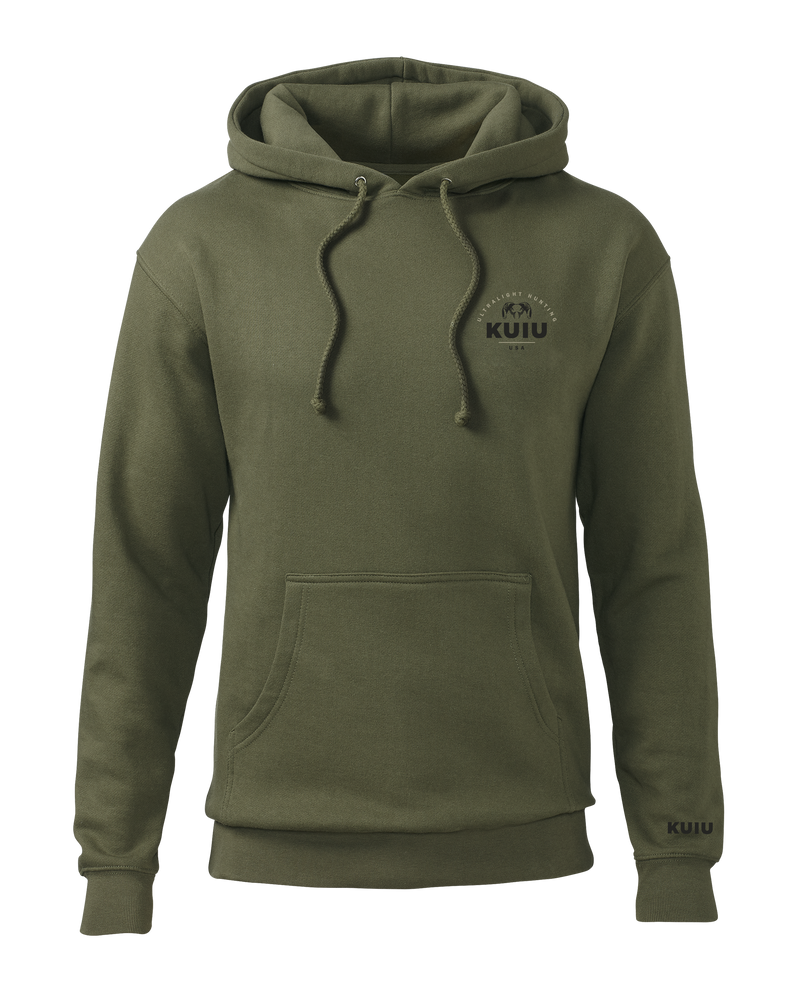 Front of KUIU Stacked Chest Logo Hoodie in Army Green