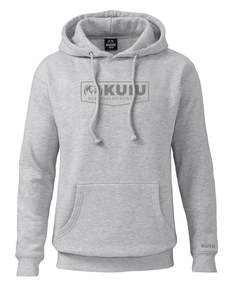 Front of KUIU Shield Logo Hoodie in Heather Grey