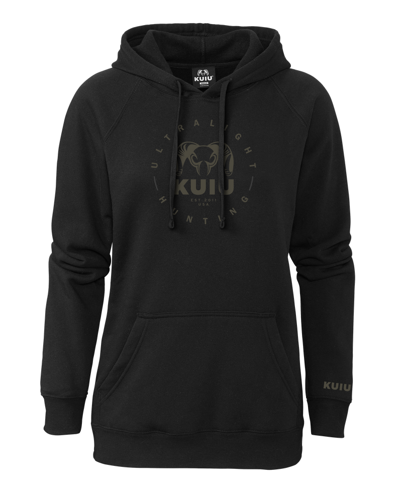 Front of KUIU Women's Ultralight Hunting Circle Hoodie in Black