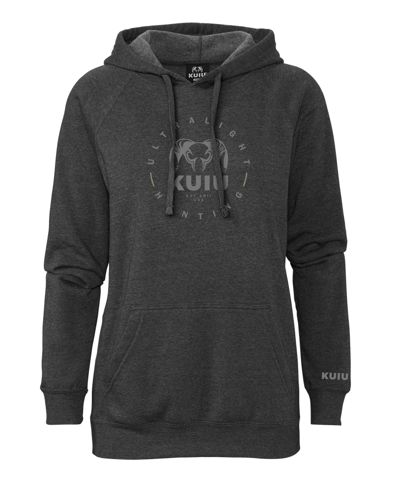 Front of KUIU Women's Ultralight Hunting Circle Hoodie in Charcoal Grey