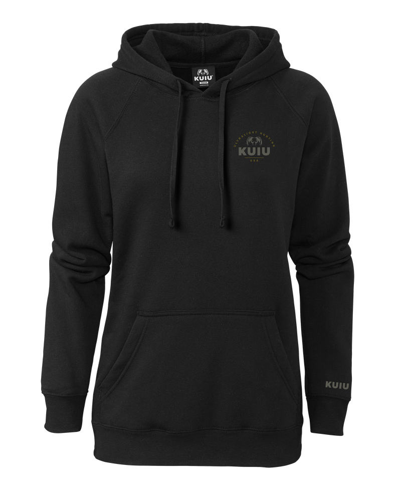 Front of KUIU Women's Stacked Chest Logo Hoodie in Black