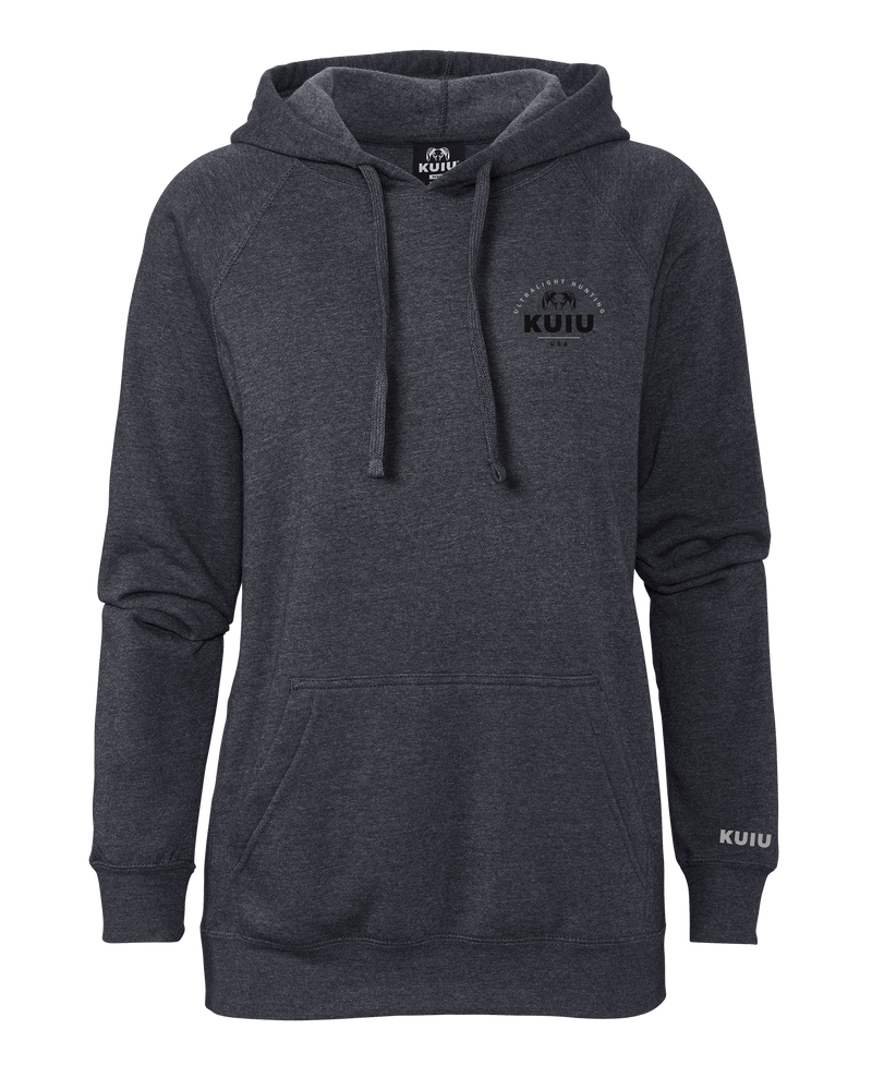 Front of KUIU Women's Stacked Chest Logo Hoodie in Midnight Navy Blue