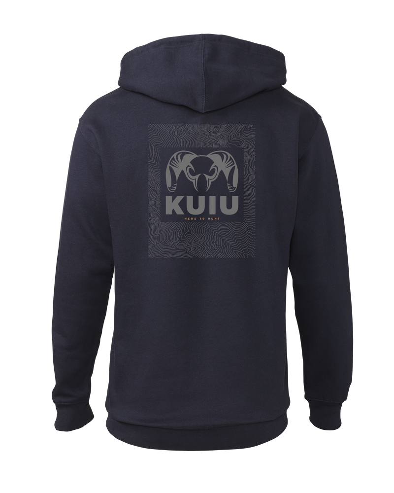 Back of KUIU Topo Back Logo Hoodie in Navy Blue