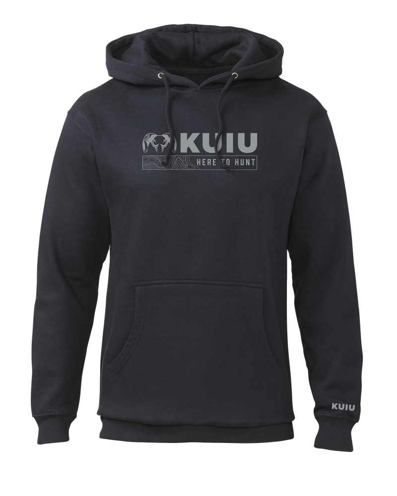 Front of KUIU Topo Here to Hunt Hoodie in Navy Blue
