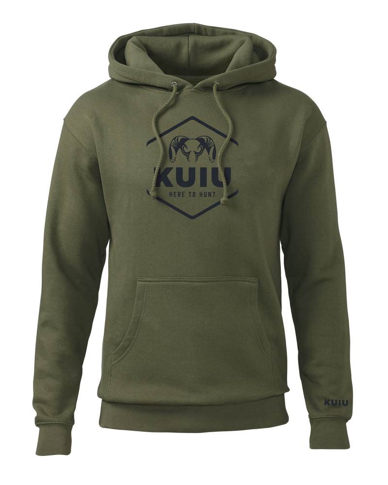 Front of KUIU Stacked Here to Hunt Hoodie in Army Green