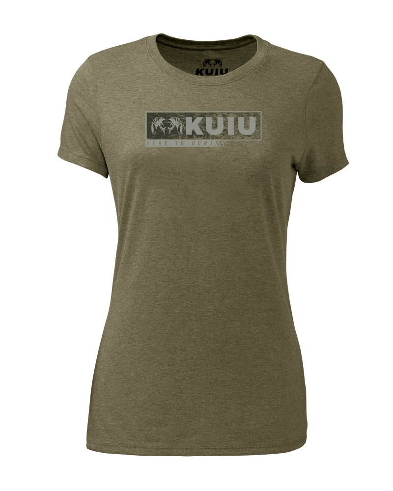 Front of Women's Here to Hunt Gritstone T-Shirt in Military Green