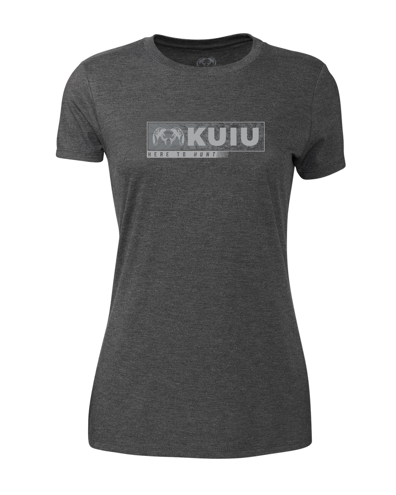 Front of Women's Here to Hunt Gritstone T-Shirt in Charcoal Grey