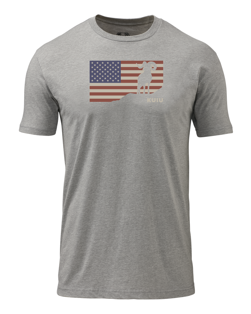 Front of KUIU Ram Flag T-Shirt in Heather Grey