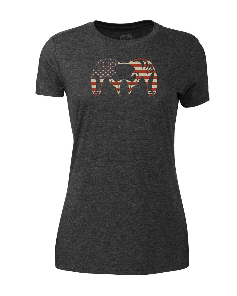 Front of Women's Solid Patriotic Ram T-Shirt in Charcoal Grey
