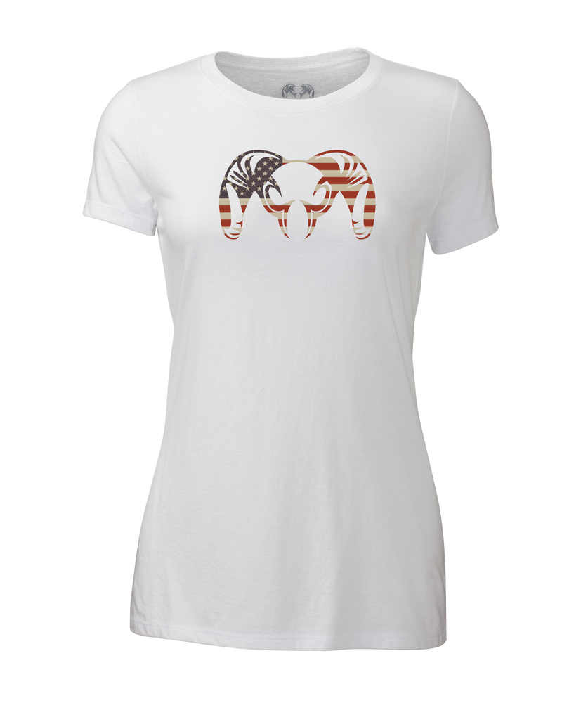 Front of Women's Solid Patriotic Ram T-Shirt in White