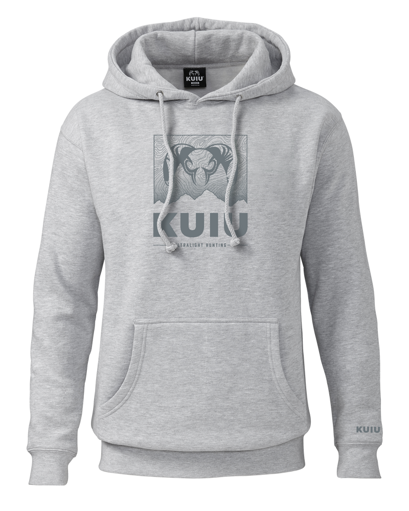 Front of KUIU Topo Mountain Hoodie in Heather Grey