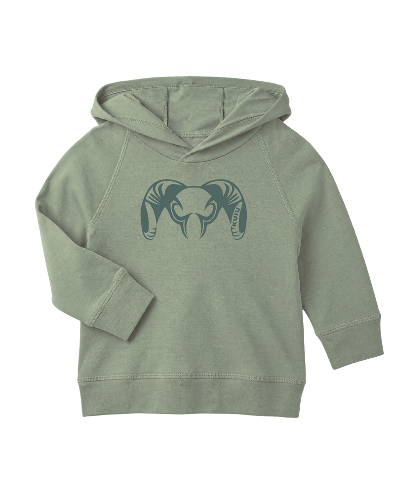 Front of Toddler Big Ram Hoodie in Thyme Green