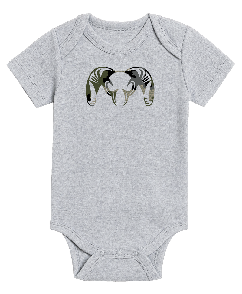 Front of KUIU Verde Ram Baby One-Piece in Heather Grey