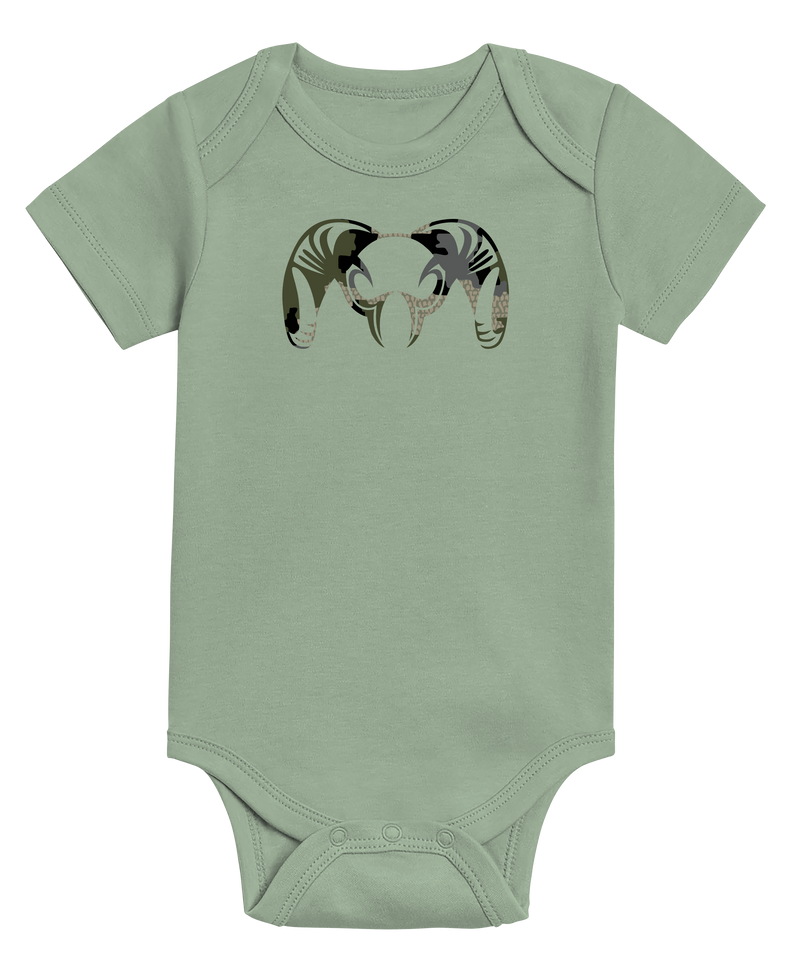 Front of KUIU Verde Ram Baby One-Piece Thyme Green