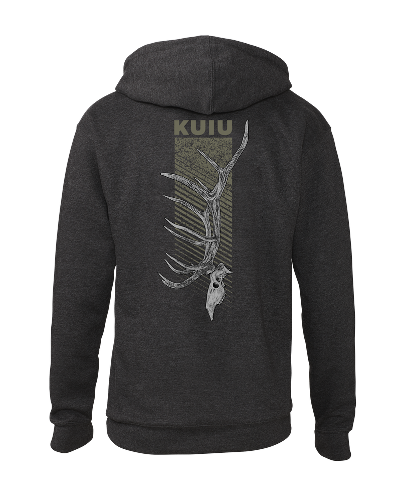Back of KUIU Elk Skull Hoodie in Charcoal Grey