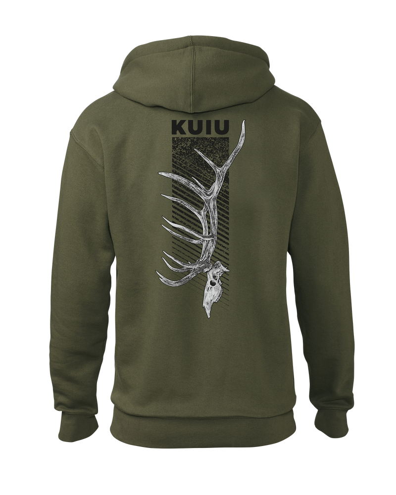Back of KUIU Elk Skull Hoodie in Military Green