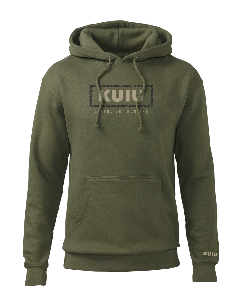 Front of KUIU Box Logo Hoodie in Army Green