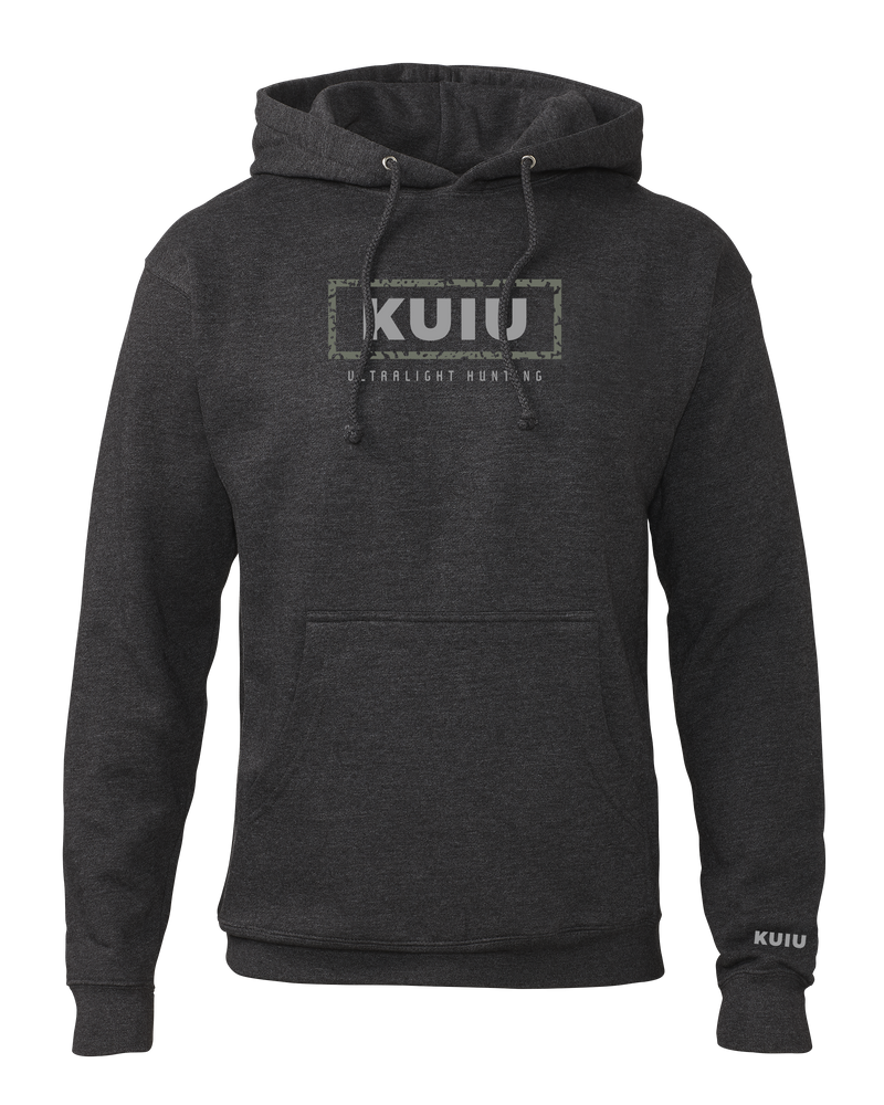Front of KUIU Box Logo Hoodie in Charcoal Grey