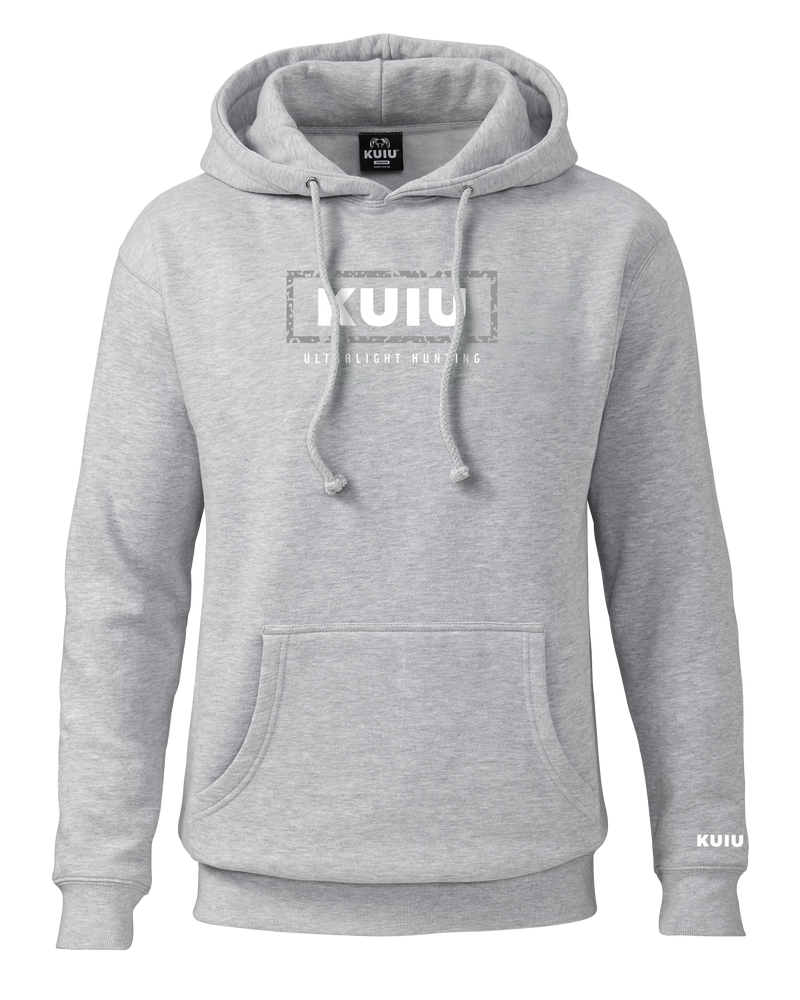 Front of KUIU Box Logo Hoodie in Heather Grey