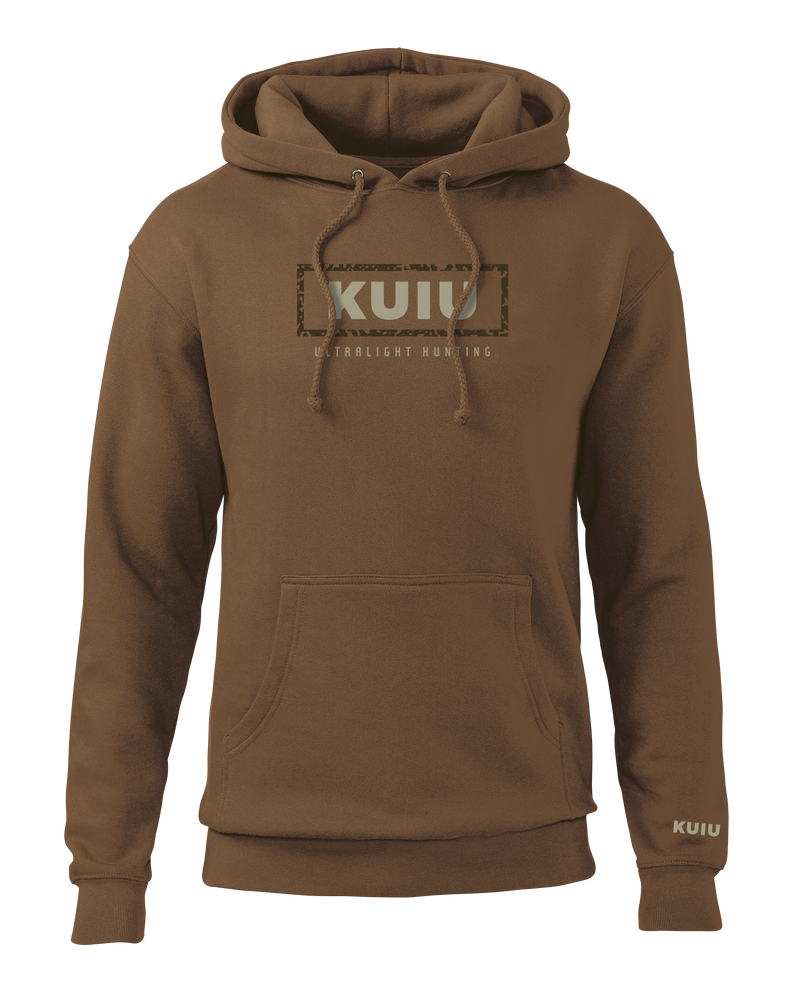 Front of KUIU Box Logo Hoodie in Saddle Brown