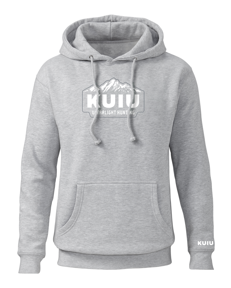 Front of KUIU Mountain Hoodie in Heather Grey